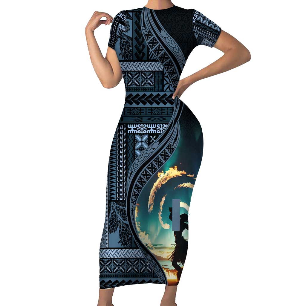 Samoan Siapo Motif and Siva Afi Dance Family Matching Short Sleeve Bodycon Dress and Hawaiian Shirt LT03 Mom's Dress Blue - Polynesian Pride