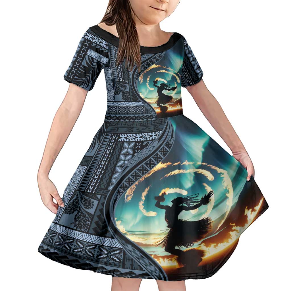 Samoan Siapo Motif and Siva Afi Dance Family Matching Tank Maxi Dress and Hawaiian Shirt LT03 Daughter's Dress Blue - Polynesian Pride