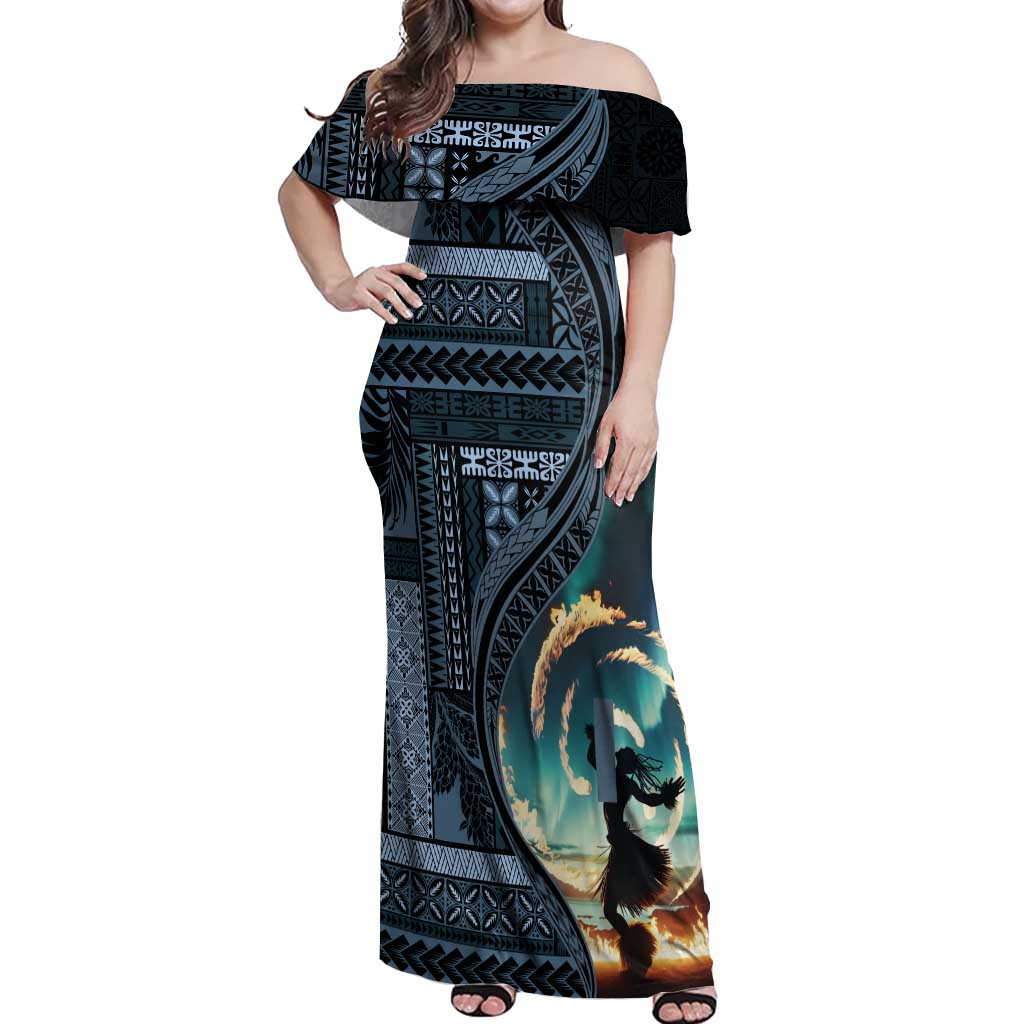 Samoan Siapo Motif and Siva Afi Dance Off Shoulder Maxi Dress LT03 Women Blue - Polynesian Pride