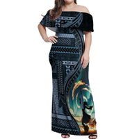 Samoan Siapo Motif and Siva Afi Dance Off Shoulder Maxi Dress LT03 Women Blue - Polynesian Pride