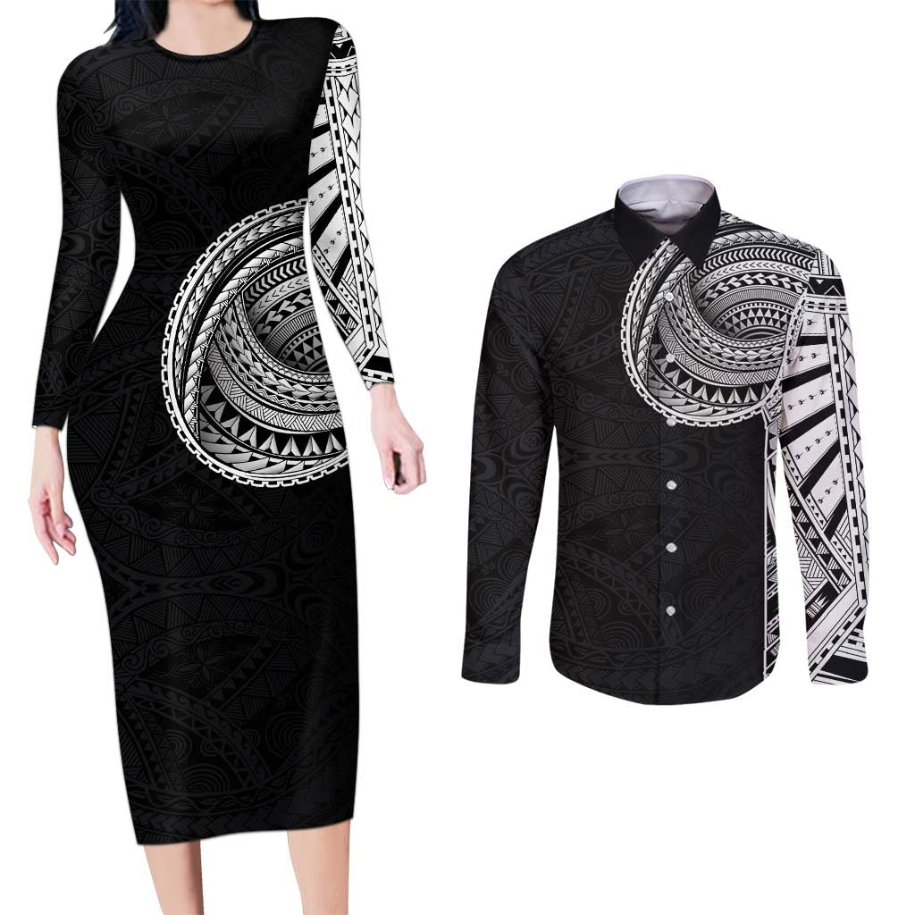 Samoan Art Tattoo Polynesian Pattern Couples Matching Long Sleeve Bodycon Dress and Long Sleeve Button Shirt LT03 Black - Polynesian Pride