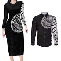 Samoan Art Tattoo Polynesian Pattern Couples Matching Long Sleeve Bodycon Dress and Long Sleeve Button Shirt LT03 Black - Polynesian Pride