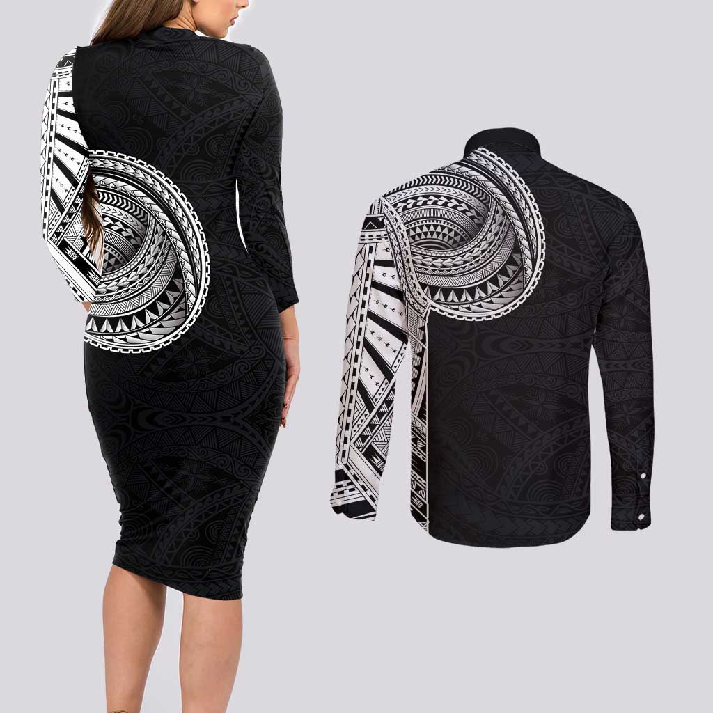 Samoan Art Tattoo Polynesian Pattern Couples Matching Long Sleeve Bodycon Dress and Long Sleeve Button Shirt LT03 - Polynesian Pride