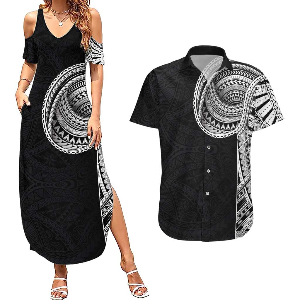Samoan Art Tattoo Polynesian Pattern Couples Matching Summer Maxi Dress and Hawaiian Shirt LT03 Black - Polynesian Pride