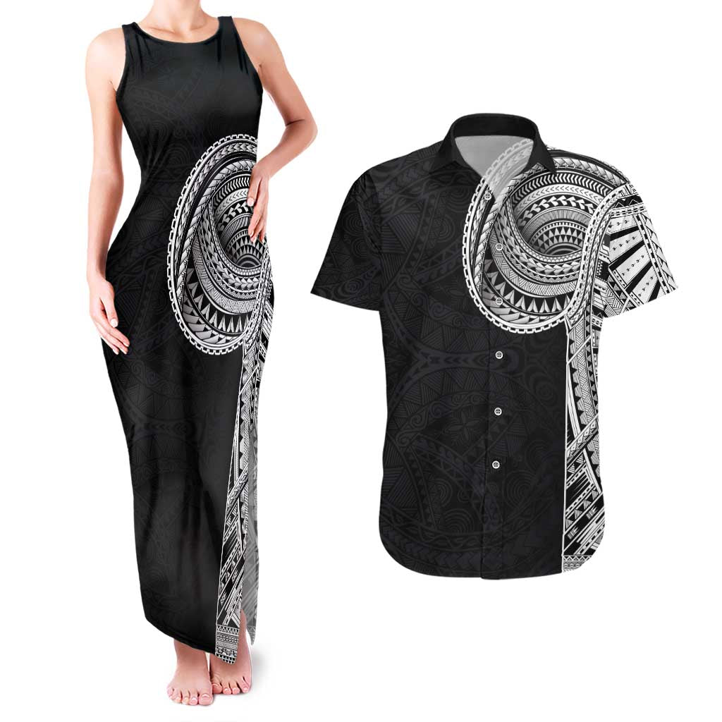 Samoan Art Tattoo Polynesian Pattern Couples Matching Tank Maxi Dress and Hawaiian Shirt LT03 Black - Polynesian Pride