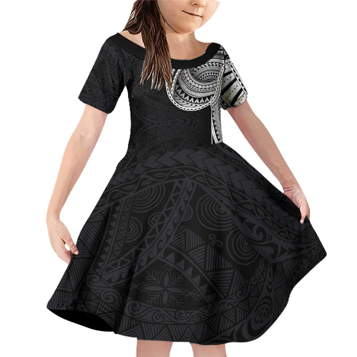 Samoan Art Tattoo Polynesian Pattern Family Matching Off Shoulder Short Dress and Hawaiian Shirt