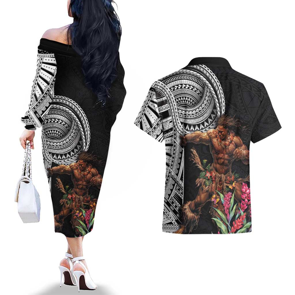 Samoan Warrior Art Tattoo Couples Matching Off The Shoulder Long Sleeve Dress and Hawaiian Shirt Polynesian Pattern and Teuila