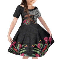 Samoan Warrior Art Tattoo Family Matching Long Sleeve Bodycon Dress and Hawaiian Shirt Polynesian Pattern and Teuila LT03 Daughter's Dress Black - Polynesian Pride