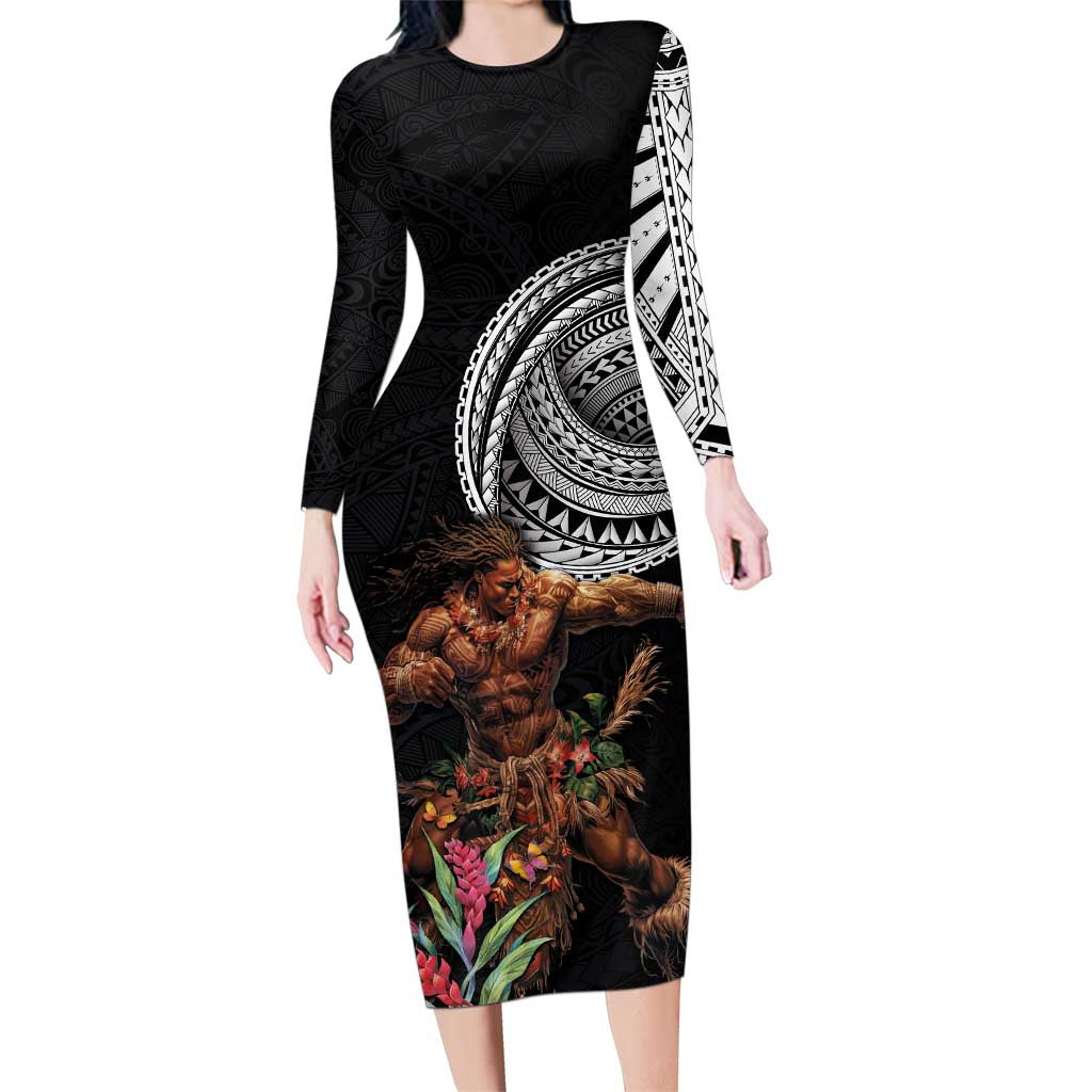 Samoan Warrior Art Tattoo Family Matching Long Sleeve Bodycon Dress and Hawaiian Shirt Polynesian Pattern and Teuila LT03 Mom's Dress Black - Polynesian Pride