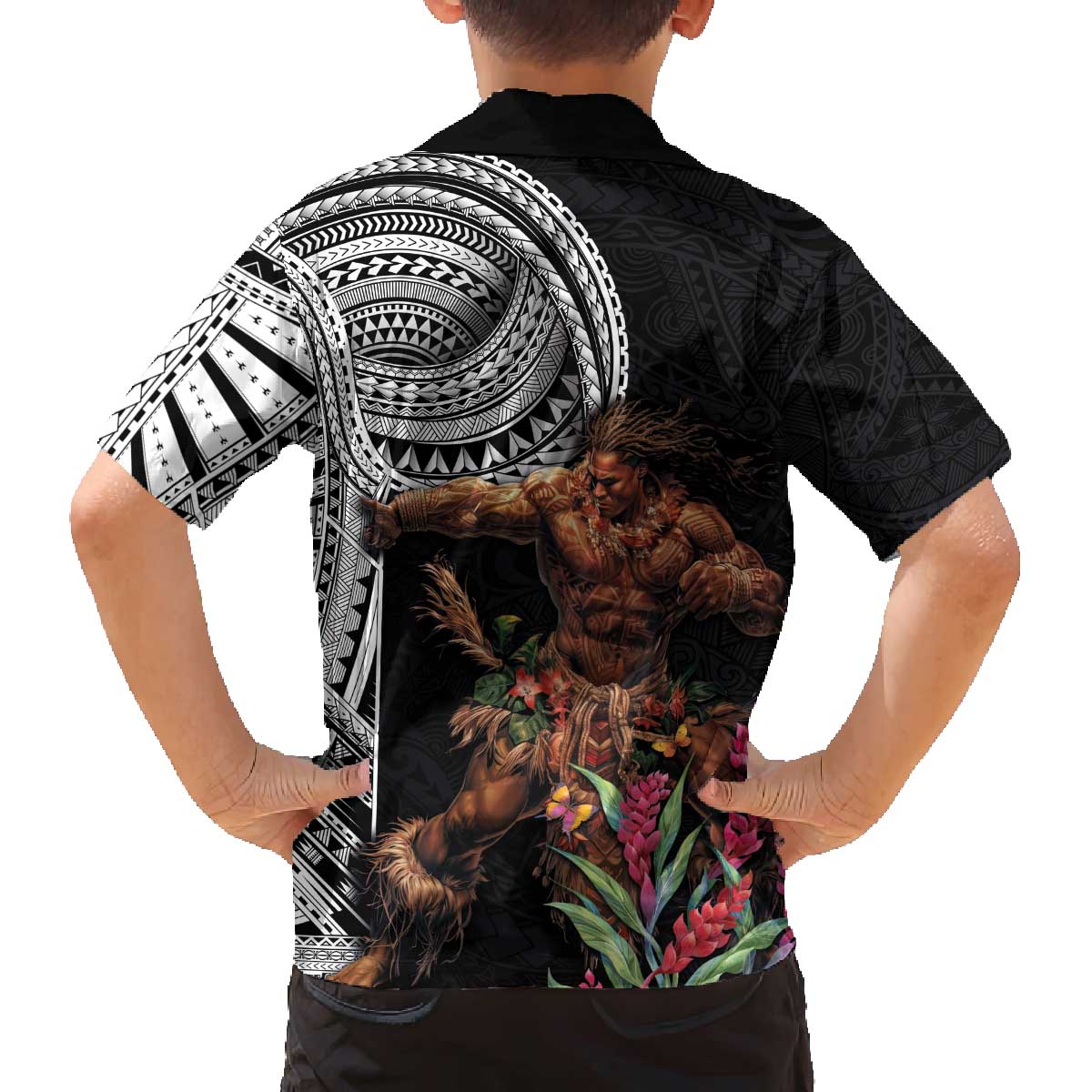 Samoan Warrior Art Tattoo Family Matching Off The Shoulder Long Sleeve Dress and Hawaiian Shirt Polynesian Pattern and Teuila LT03 - Polynesian Pride