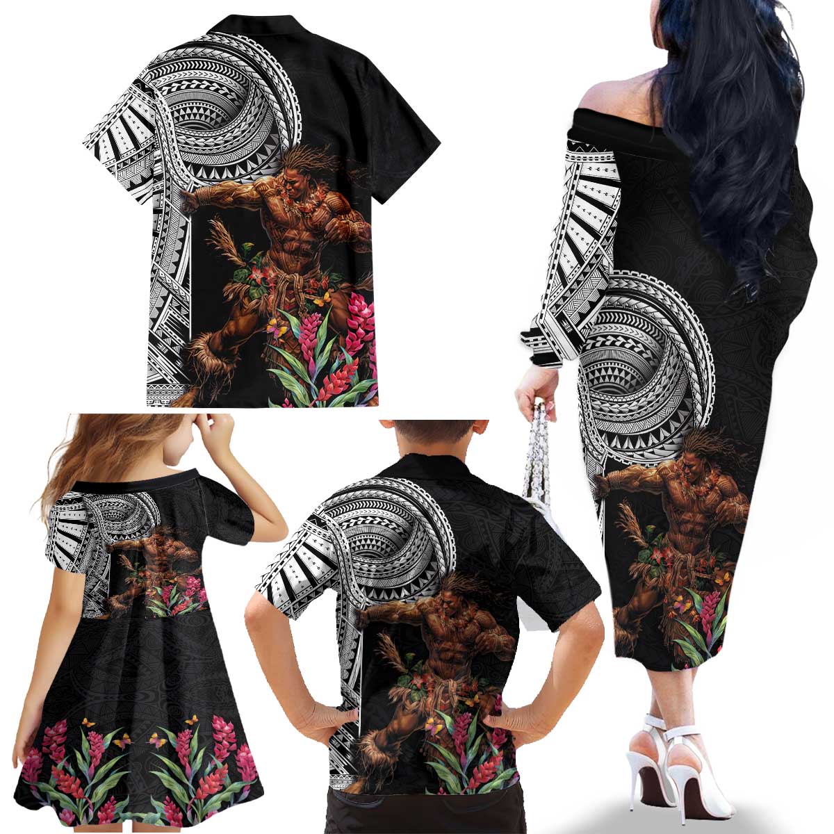 Samoan Warrior Art Tattoo Family Matching Off The Shoulder Long Sleeve Dress and Hawaiian Shirt Polynesian Pattern and Teuila LT03 - Polynesian Pride