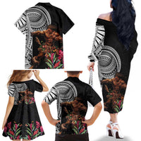 Samoan Warrior Art Tattoo Family Matching Off The Shoulder Long Sleeve Dress and Hawaiian Shirt Polynesian Pattern and Teuila LT03 - Polynesian Pride