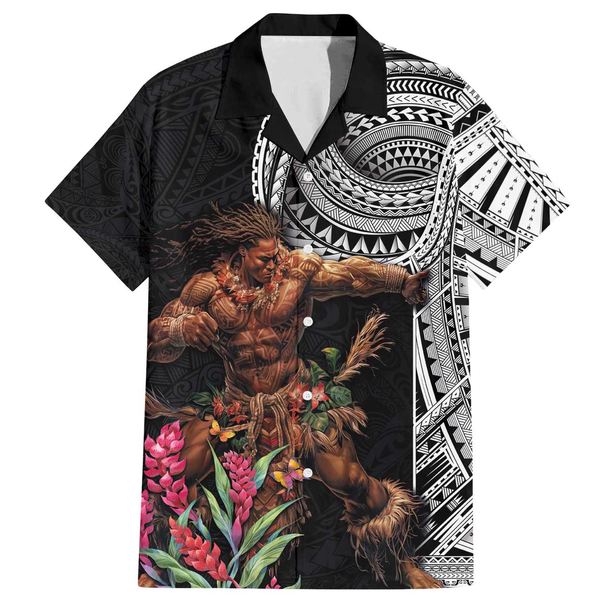 Samoan Warrior Art Tattoo Family Matching Off The Shoulder Long Sleeve Dress and Hawaiian Shirt Polynesian Pattern and Teuila LT03 Dad's Shirt - Short Sleeve Black - Polynesian Pride