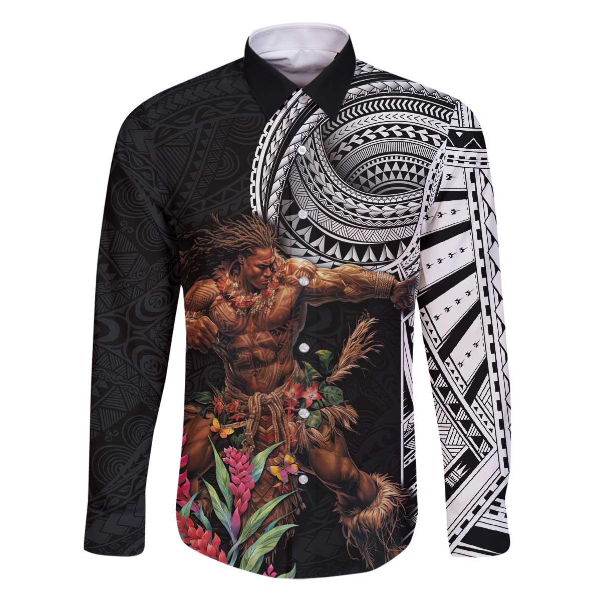 Samoan Warrior Art Tattoo Family Matching Off The Shoulder Long Sleeve Dress and Hawaiian Shirt Polynesian Pattern and Teuila LT03 Dad's Shirt - Long Sleeve Black - Polynesian Pride