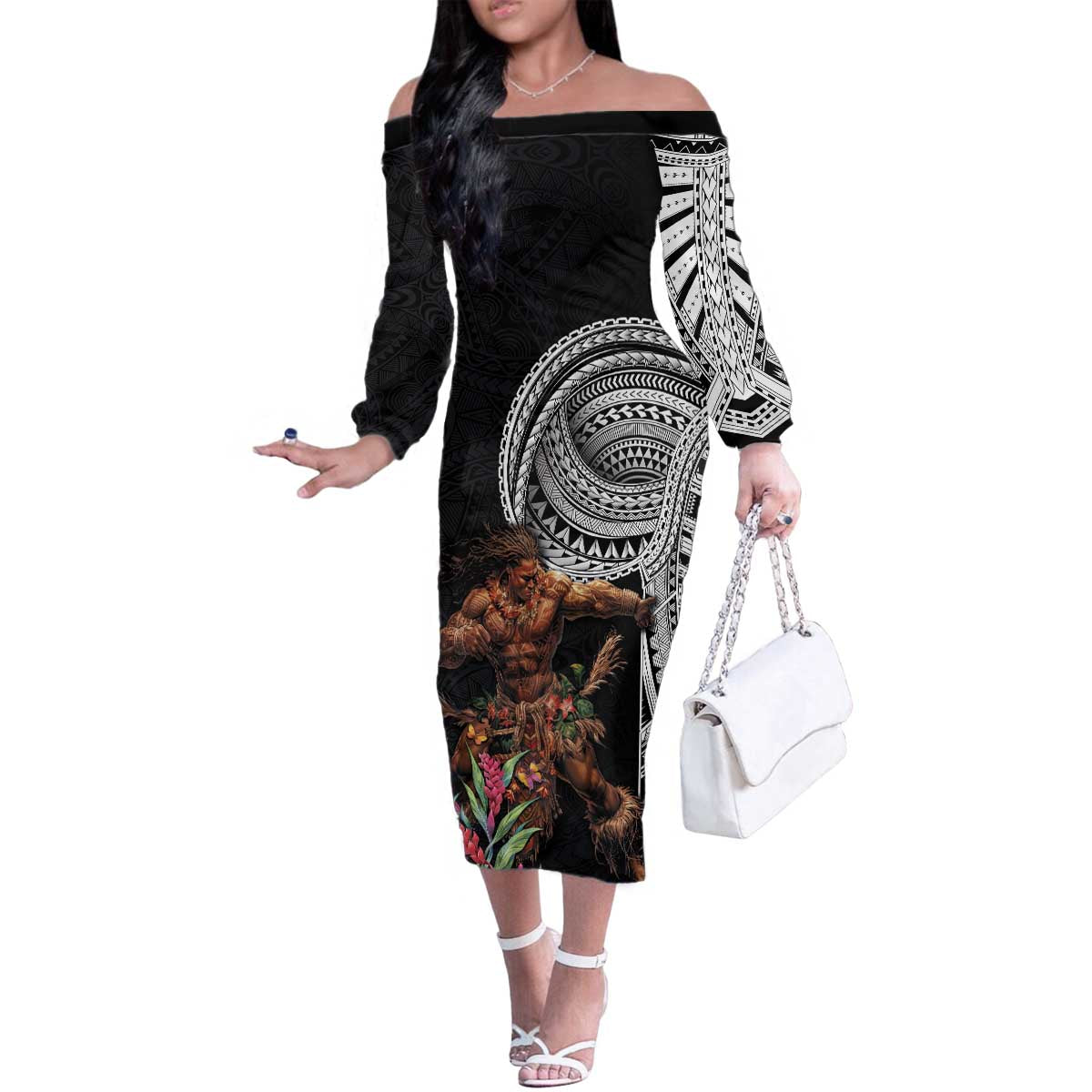 Samoan Warrior Art Tattoo Family Matching Off The Shoulder Long Sleeve Dress and Hawaiian Shirt Polynesian Pattern and Teuila LT03 Mom's Dress Black - Polynesian Pride