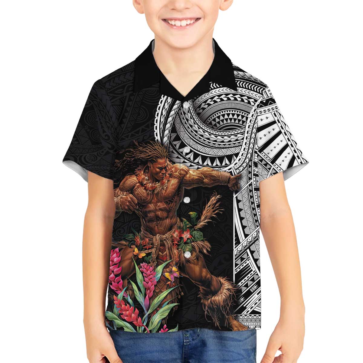 Samoan Warrior Art Tattoo Family Matching Off The Shoulder Long Sleeve Dress and Hawaiian Shirt Polynesian Pattern and Teuila LT03 Son's Shirt Black - Polynesian Pride