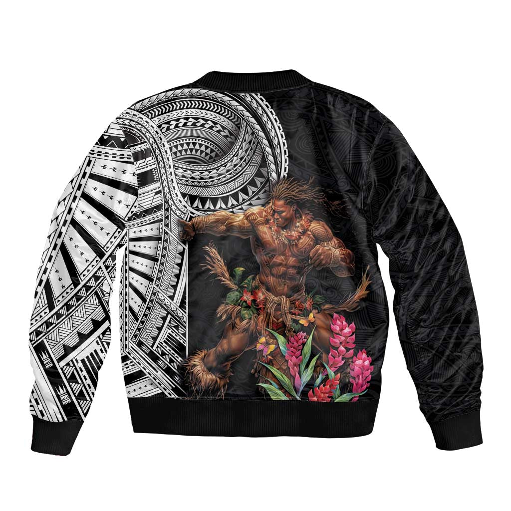 Samoan Warrior Art Tattoo Sleeve Zip Bomber Jacket Polynesian Pattern and Teuila