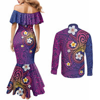 Hawaiian Octopus Tattoo and Frangipani Couples Matching Mermaid Dress and Long Sleeve Button Shirt