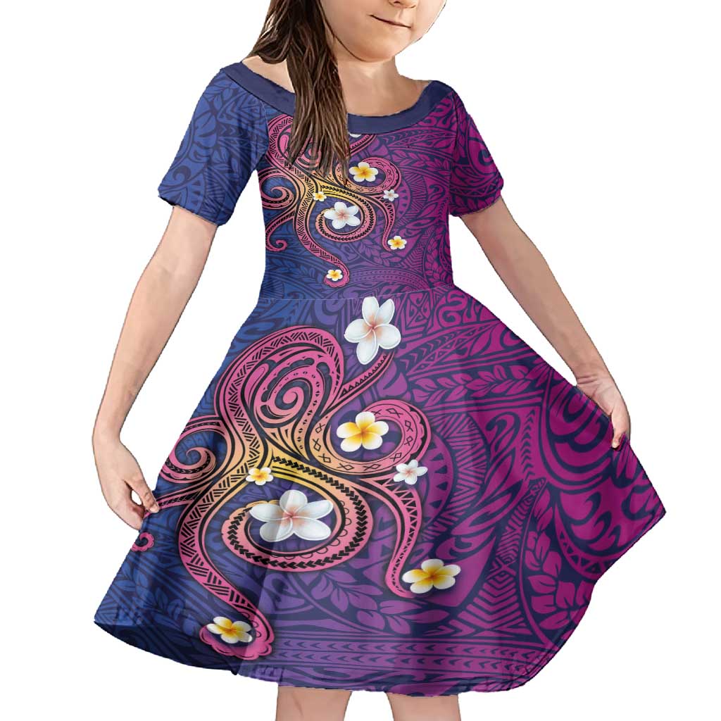 Hawaiian Octopus Tattoo and Frangipani Family Matching Long Sleeve Bodycon Dress and Hawaiian Shirt LT03 Daughter's Dress Purple - Polynesian Pride