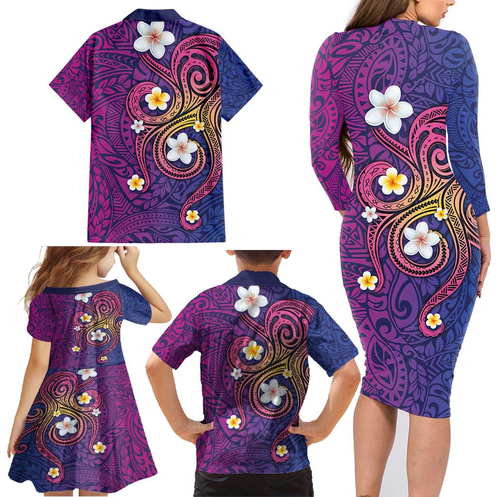 Hawaiian Octopus Tattoo and Frangipani Family Matching Long Sleeve Bodycon Dress and Hawaiian Shirt LT03 - Polynesian Pride