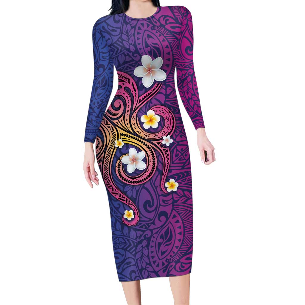 Hawaiian Octopus Tattoo and Frangipani Family Matching Long Sleeve Bodycon Dress and Hawaiian Shirt LT03 Mom's Dress Purple - Polynesian Pride