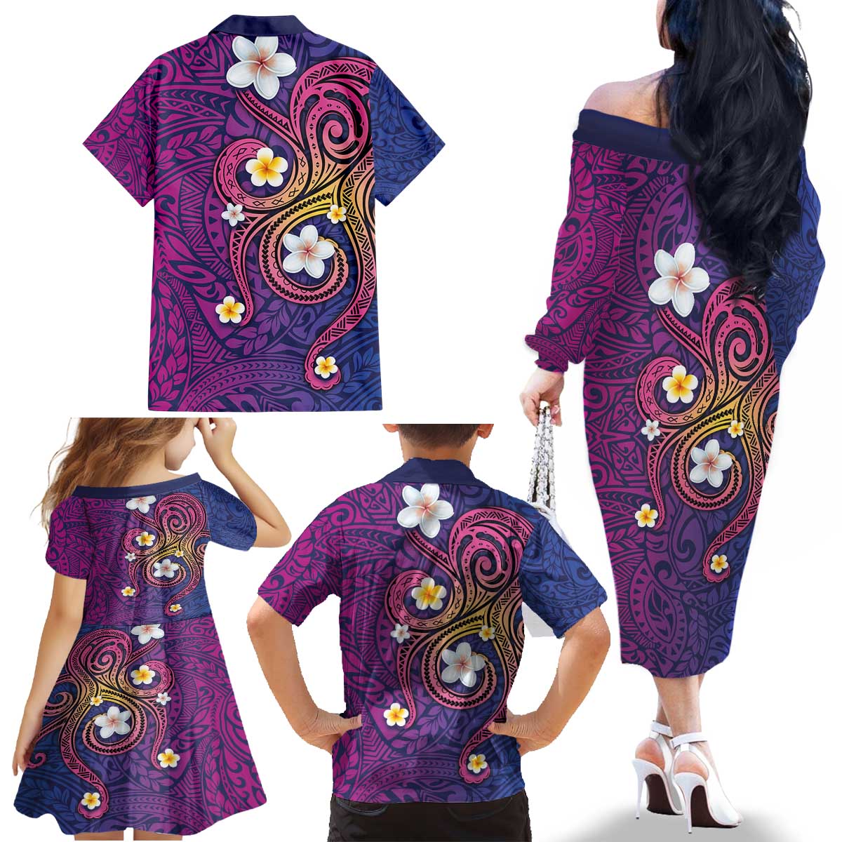 Hawaiian Octopus Tattoo and Frangipani Family Matching Off The Shoulder Long Sleeve Dress and Hawaiian Shirt LT03 - Polynesian Pride