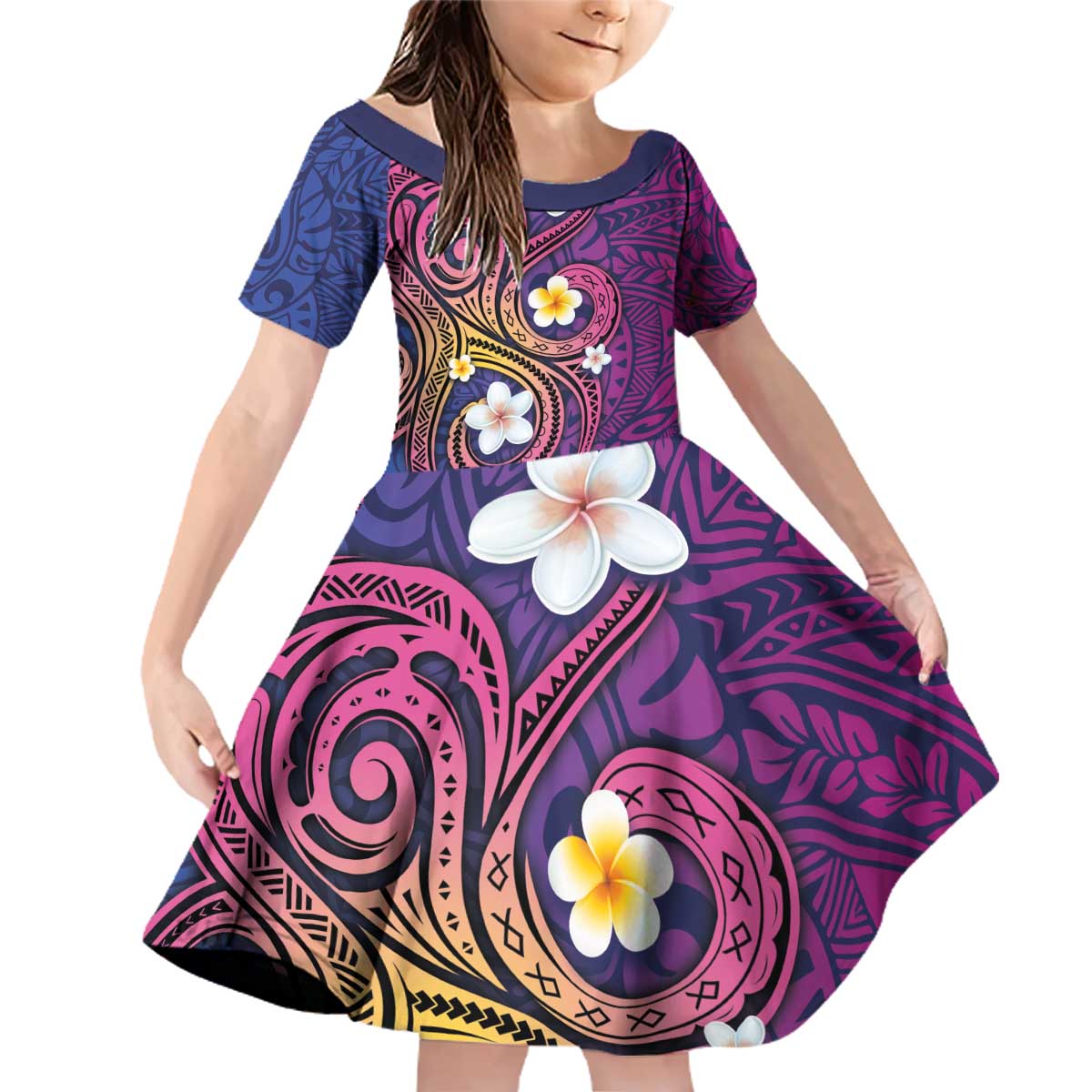 Hawaiian Octopus Tattoo and Frangipani Family Matching Off Shoulder Short Dress and Hawaiian Shirt LT03 Daughter's Dress Purple - Polynesian Pride