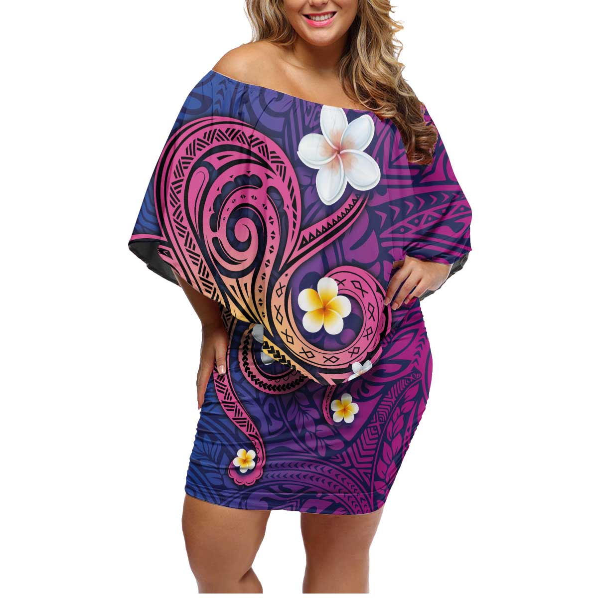 Hawaiian Octopus Tattoo and Frangipani Family Matching Off Shoulder Short Dress and Hawaiian Shirt LT03 Mom's Dress Purple - Polynesian Pride