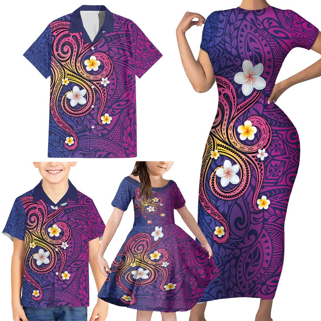 Hawaiian Octopus Tattoo and Frangipani Family Matching Short Sleeve Bodycon Dress and Hawaiian Shirt LT03 - Polynesian Pride