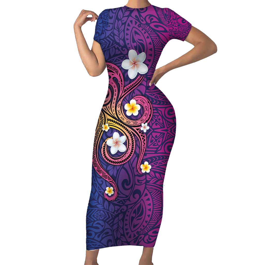 Hawaiian Octopus Tattoo and Frangipani Short Sleeve Bodycon Dress