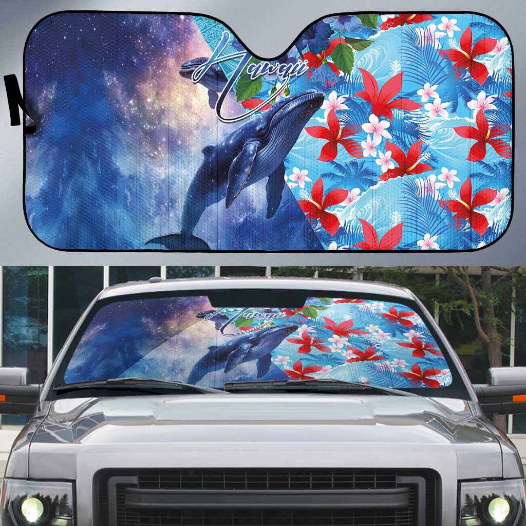 Hawaii Aloha Whales Auto Sun Shade Hibiscus and Whales with Polynesian Pattern LT03 Blue - Polynesian Pride