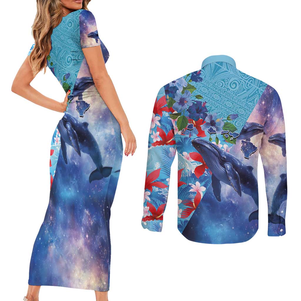Hawaii Aloha Whales Couples Matching Short Sleeve Bodycon Dress and Long Sleeve Button Shirt Hibiscus and Whales with Polynesian Pattern - Polynesian Pride