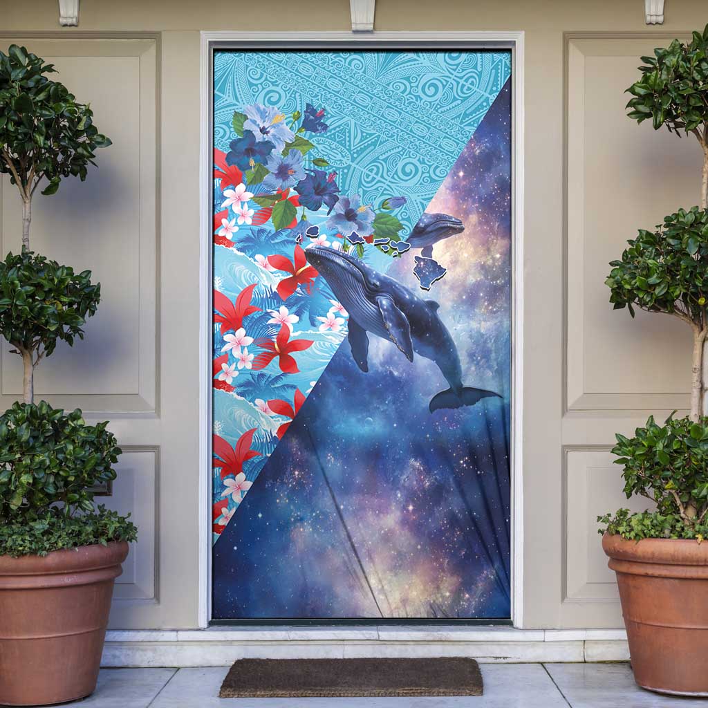 Hawaii Aloha Whales Door Cover Hibiscus and Whales with Polynesian Pattern LT03 Blue - Polynesian Pride
