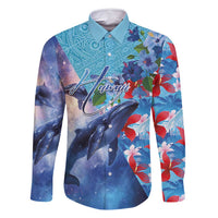 Hawaii Aloha Whales Family Matching Long Sleeve Bodycon Dress and Hawaiian Shirt Hibiscus and Whales with Polynesian Pattern LT03 Dad's Shirt - Long Sleeve Blue - Polynesian Pride