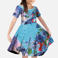 Hawaii Aloha Whales Family Matching Mermaid Dress and Hawaiian Shirt Hibiscus and Whales with Polynesian Pattern LT03 Daughter's Dress Blue - Polynesian Pride