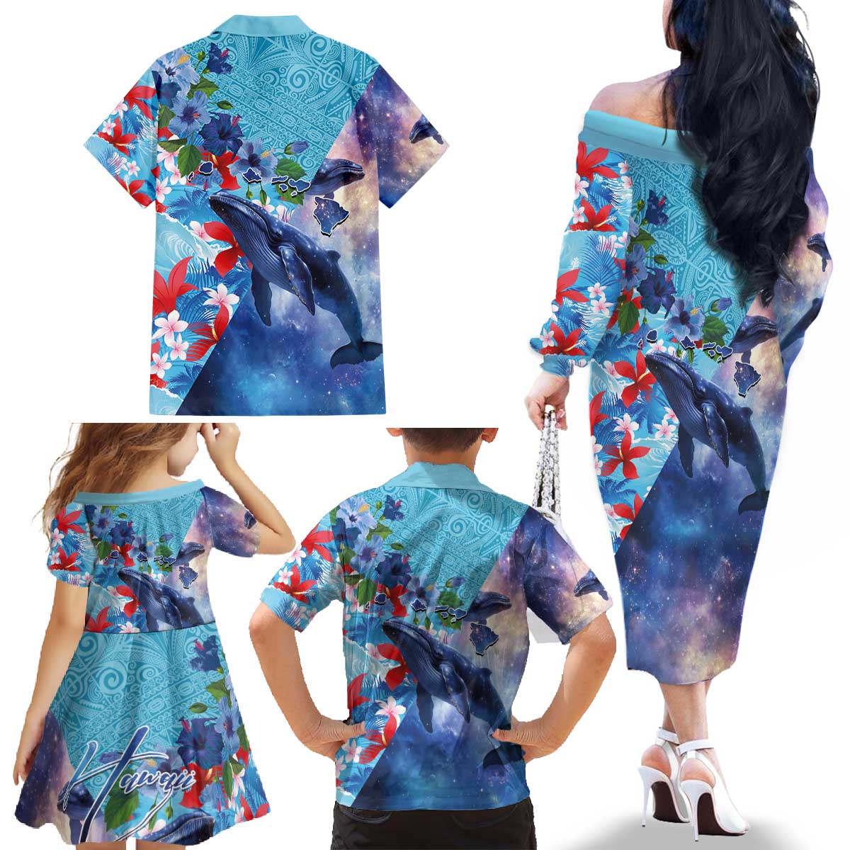 Hawaii Aloha Whales Family Matching Off The Shoulder Long Sleeve Dress and Hawaiian Shirt Hibiscus and Whales with Polynesian Pattern LT03 - Polynesian Pride