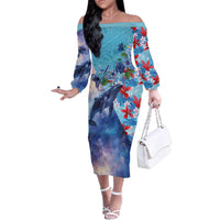 Hawaii Aloha Whales Family Matching Off The Shoulder Long Sleeve Dress and Hawaiian Shirt Hibiscus and Whales with Polynesian Pattern LT03 Mom's Dress Blue - Polynesian Pride