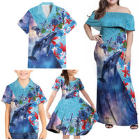 Hawaii Aloha Whales Family Matching Off Shoulder Maxi Dress and Hawaiian Shirt Hibiscus and Whales with Polynesian Pattern LT03 - Polynesian Pride