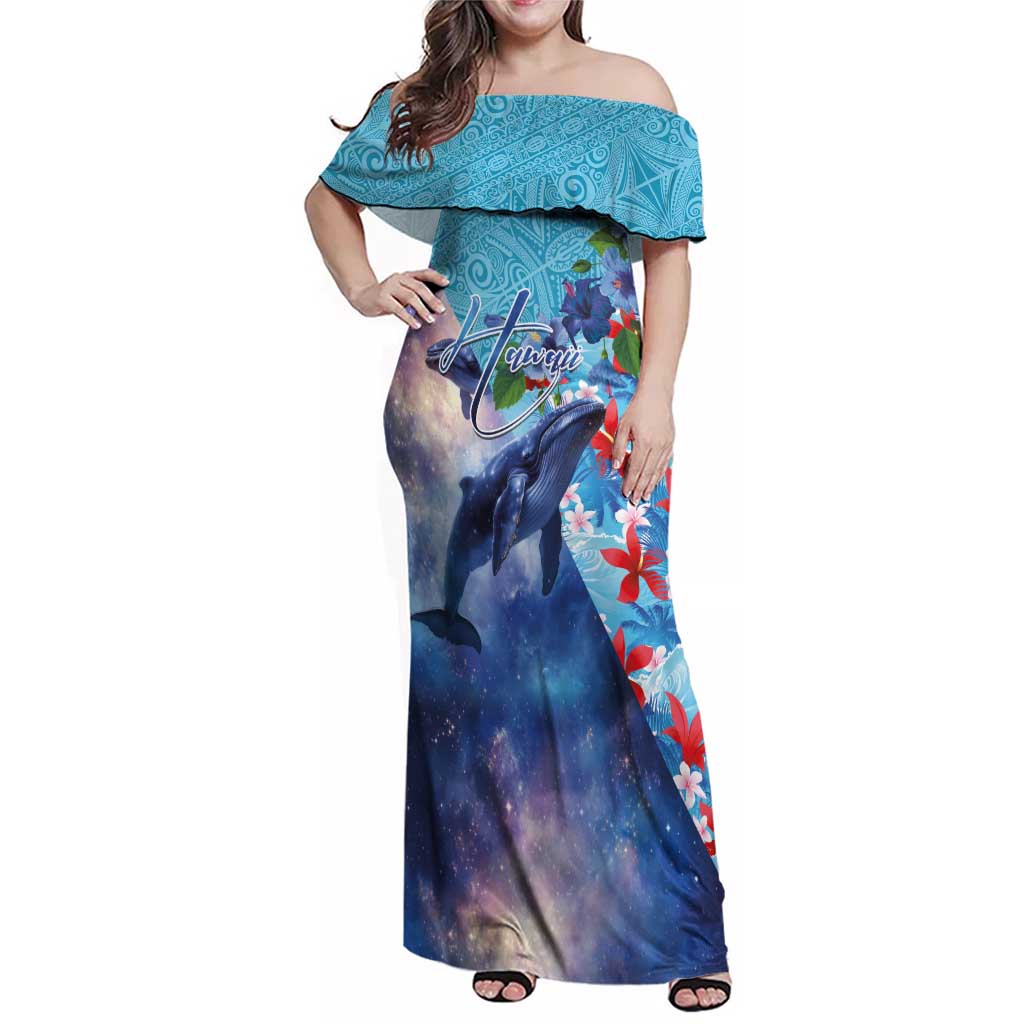 Hawaii Aloha Whales Family Matching Off Shoulder Maxi Dress and Hawaiian Shirt Hibiscus and Whales with Polynesian Pattern LT03 Mom's Dress Blue - Polynesian Pride