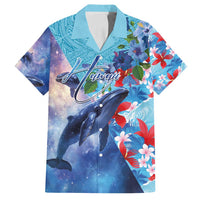 Hawaii Aloha Whales Family Matching Off Shoulder Short Dress and Hawaiian Shirt Hibiscus and Whales with Polynesian Pattern LT03 Dad's Shirt - Short Sleeve Blue - Polynesian Pride