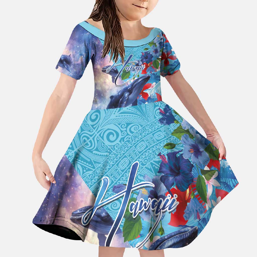 Hawaii Aloha Whales Family Matching Short Sleeve Bodycon Dress and Hawaiian Shirt Hibiscus and Whales with Polynesian Pattern LT03 Daughter's Dress Blue - Polynesian Pride
