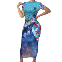 Hawaii Aloha Whales Family Matching Short Sleeve Bodycon Dress and Hawaiian Shirt Hibiscus and Whales with Polynesian Pattern LT03 Mom's Dress Blue - Polynesian Pride