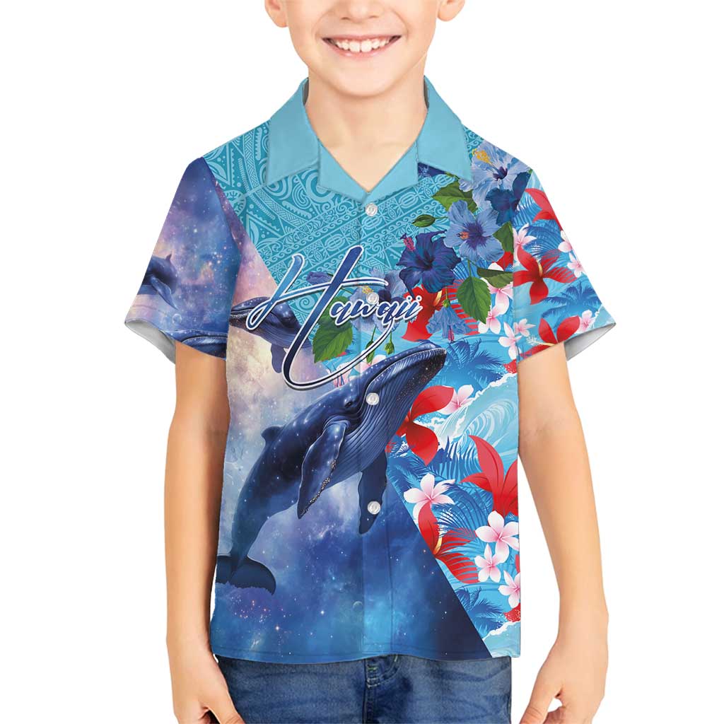Hawaii Aloha Whales Family Matching Summer Maxi Dress and Hawaiian Shirt Hibiscus and Whales with Polynesian Pattern LT03 Son's Shirt Blue - Polynesian Pride