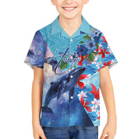 Hawaii Aloha Whales Family Matching Summer Maxi Dress and Hawaiian Shirt Hibiscus and Whales with Polynesian Pattern LT03 Son's Shirt Blue - Polynesian Pride