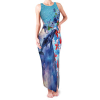 Hawaii Aloha Whales Family Matching Tank Maxi Dress and Hawaiian Shirt Hibiscus and Whales with Polynesian Pattern LT03 Mom's Dress Blue - Polynesian Pride