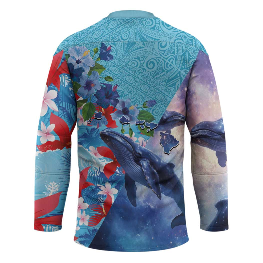 Hawaii Aloha Whales Hockey Jersey Hibiscus and Whales with Polynesian Pattern - Polynesian Pride