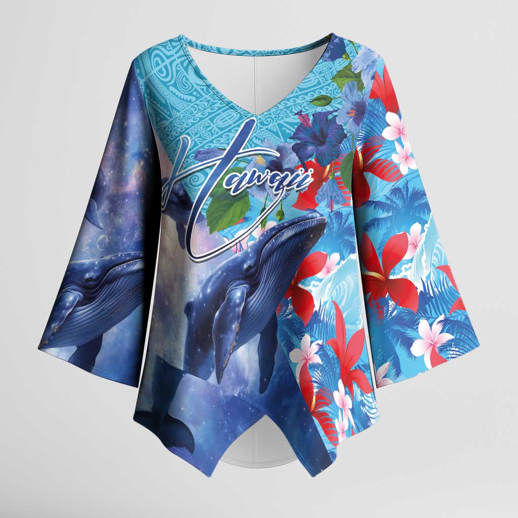 Hawaii Aloha Whales Kimono Sleeve Blouse Hibiscus and Whales with Polynesian Pattern LT03 Female Blue - Polynesian Pride