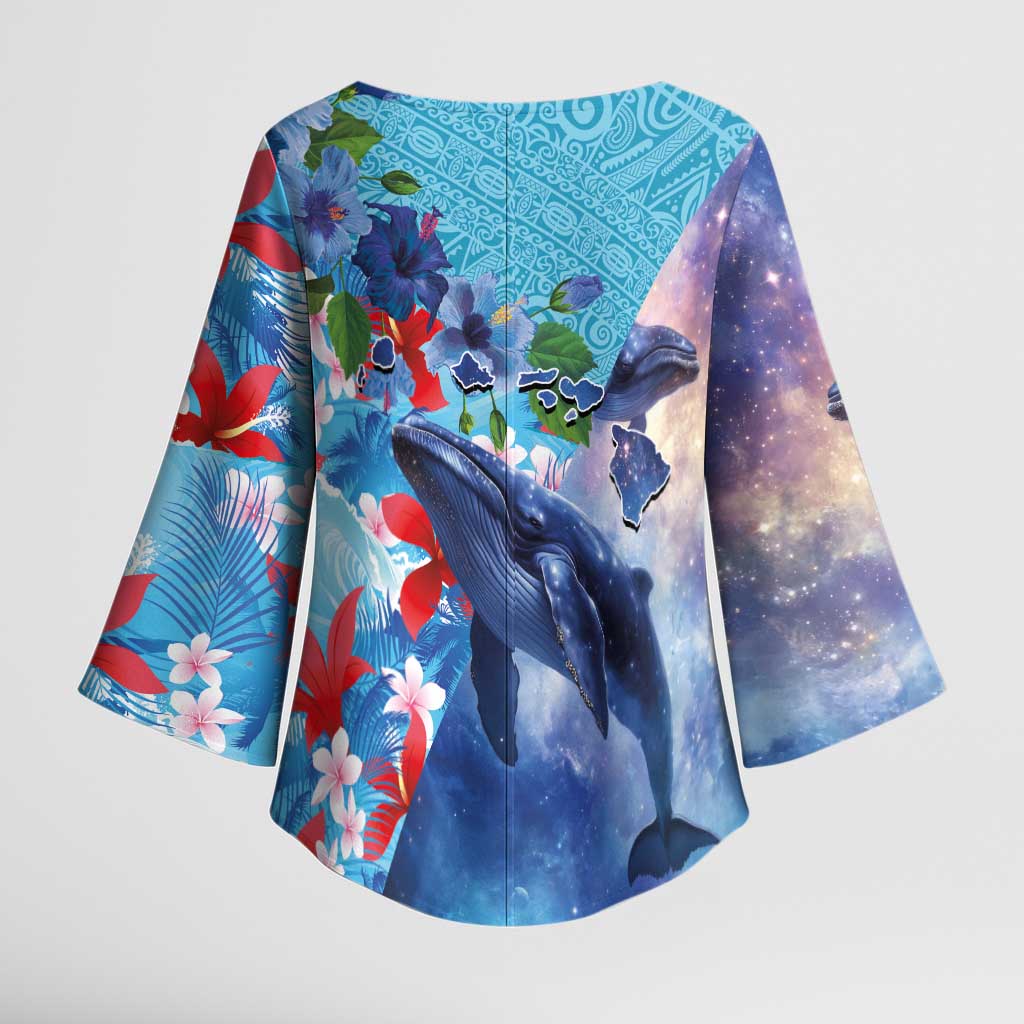 Hawaii Aloha Whales Kimono Sleeve Blouse Hibiscus and Whales with Polynesian Pattern LT03 - Polynesian Pride