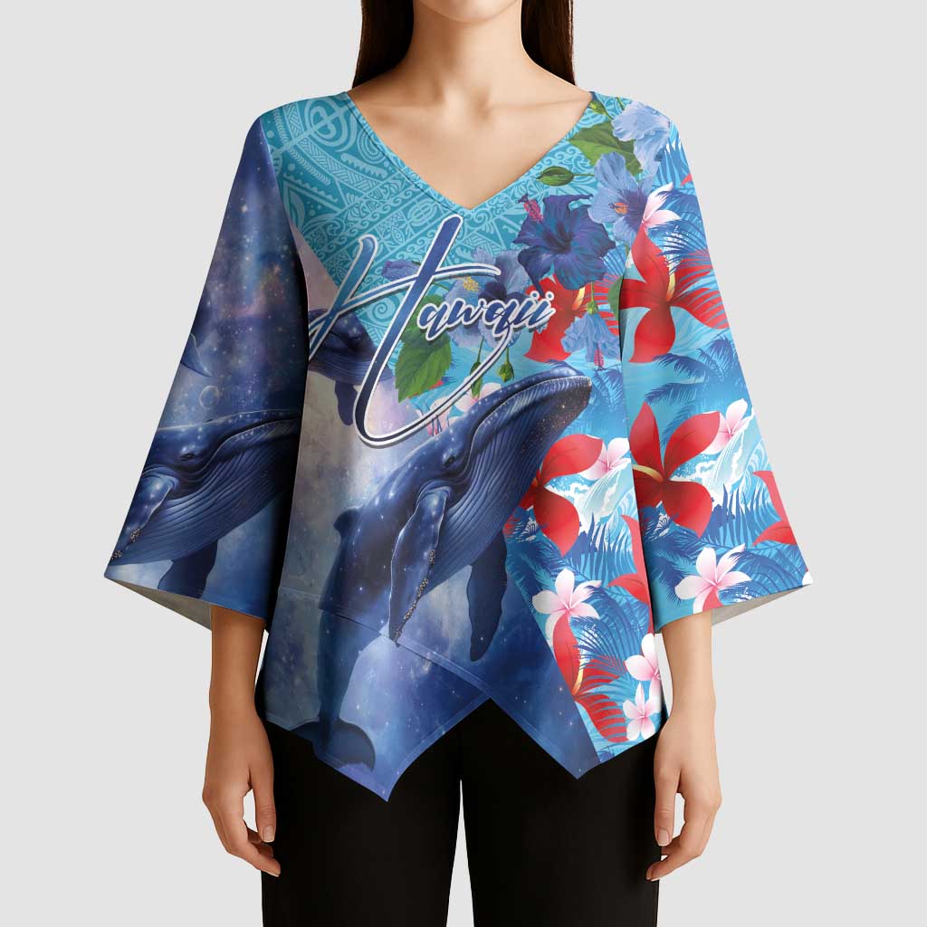 Hawaii Aloha Whales Kimono Sleeve Blouse Hibiscus and Whales with Polynesian Pattern LT03 - Polynesian Pride