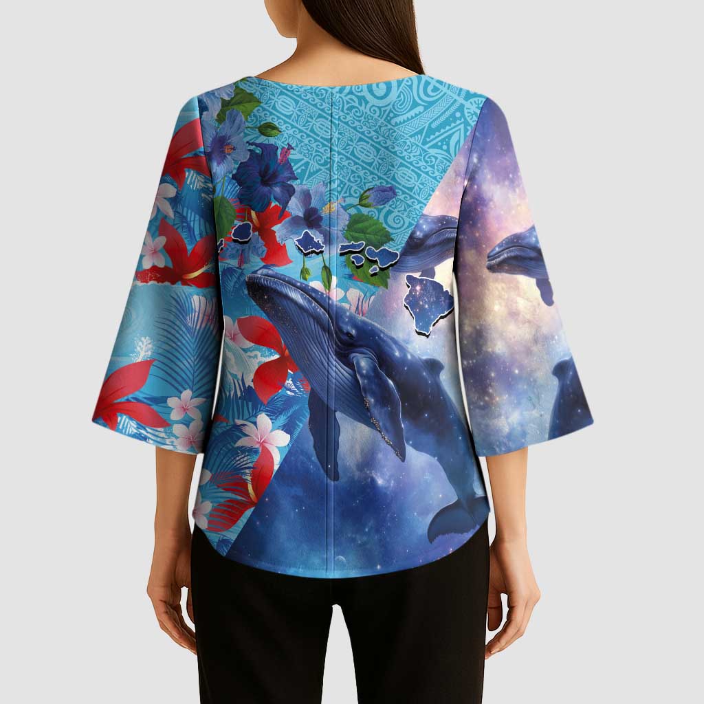 Hawaii Aloha Whales Kimono Sleeve Blouse Hibiscus and Whales with Polynesian Pattern LT03 - Polynesian Pride